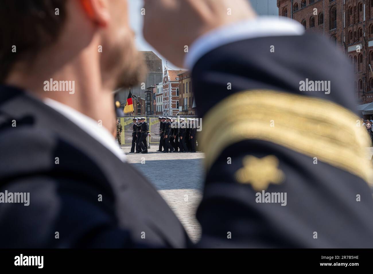 Stralsund, Germany. 14th June, 2023. Bundeswehr recruits during the ceremonial swearing-in in the port of Stralsund. 45 new servicemen and women from the Parow Naval Technology School have been sworn in at Stralsund. Credit: Stefan Sauer/dpa/Alamy Live News Stock Photo