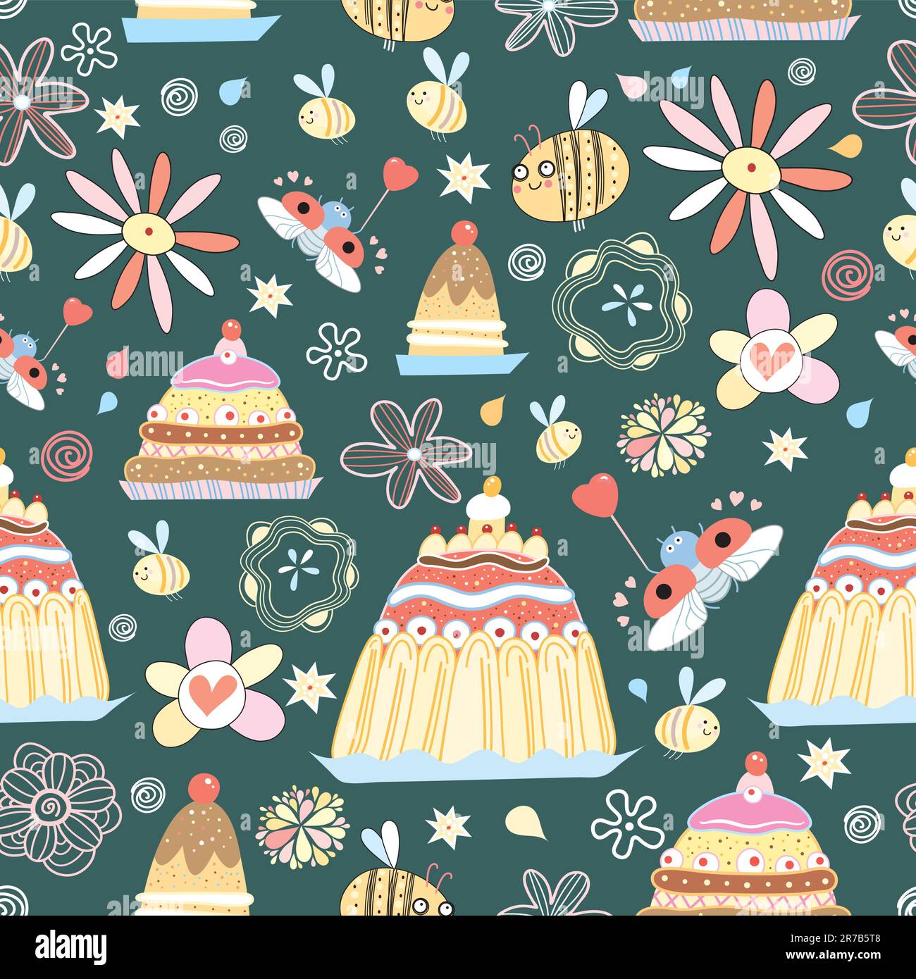 seamless pattern of warm pie and amusing insects on a dark background Stock Vector