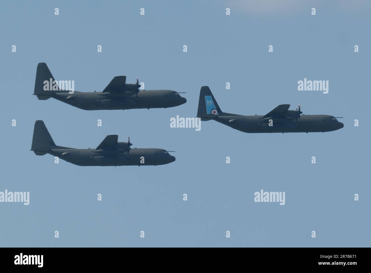 3 Royal Air Force C130J Hercules aircraft fly by at Dalton Barracks (Formerly RAF Abingdon), South Oxfordshire.  This flight marks the retirement of this aircraft the from the RAF Stock Photo