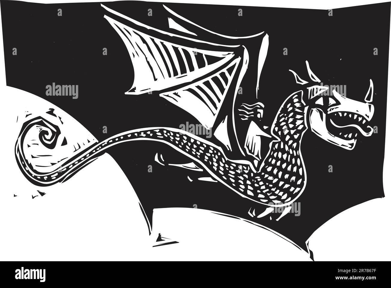 Woman riding on the back of a dragon in a woodcut style image. Stock Vector