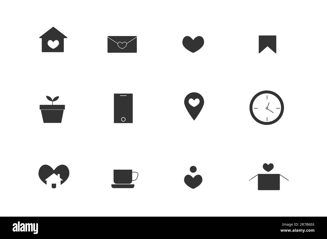 Linear art set of icons for home social networking, heart filled Stock Vector