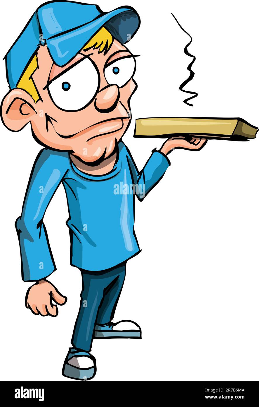 Cartoon pizza delivery boy with a pizza isolated on white Stock Vector