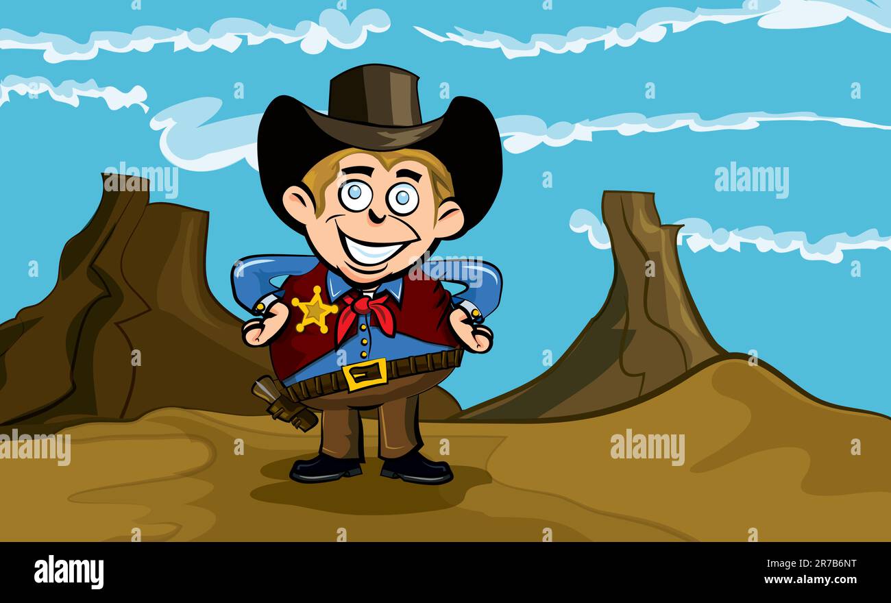 Cute cartoon cowboy smiling. He is in the desert Stock Vector Image