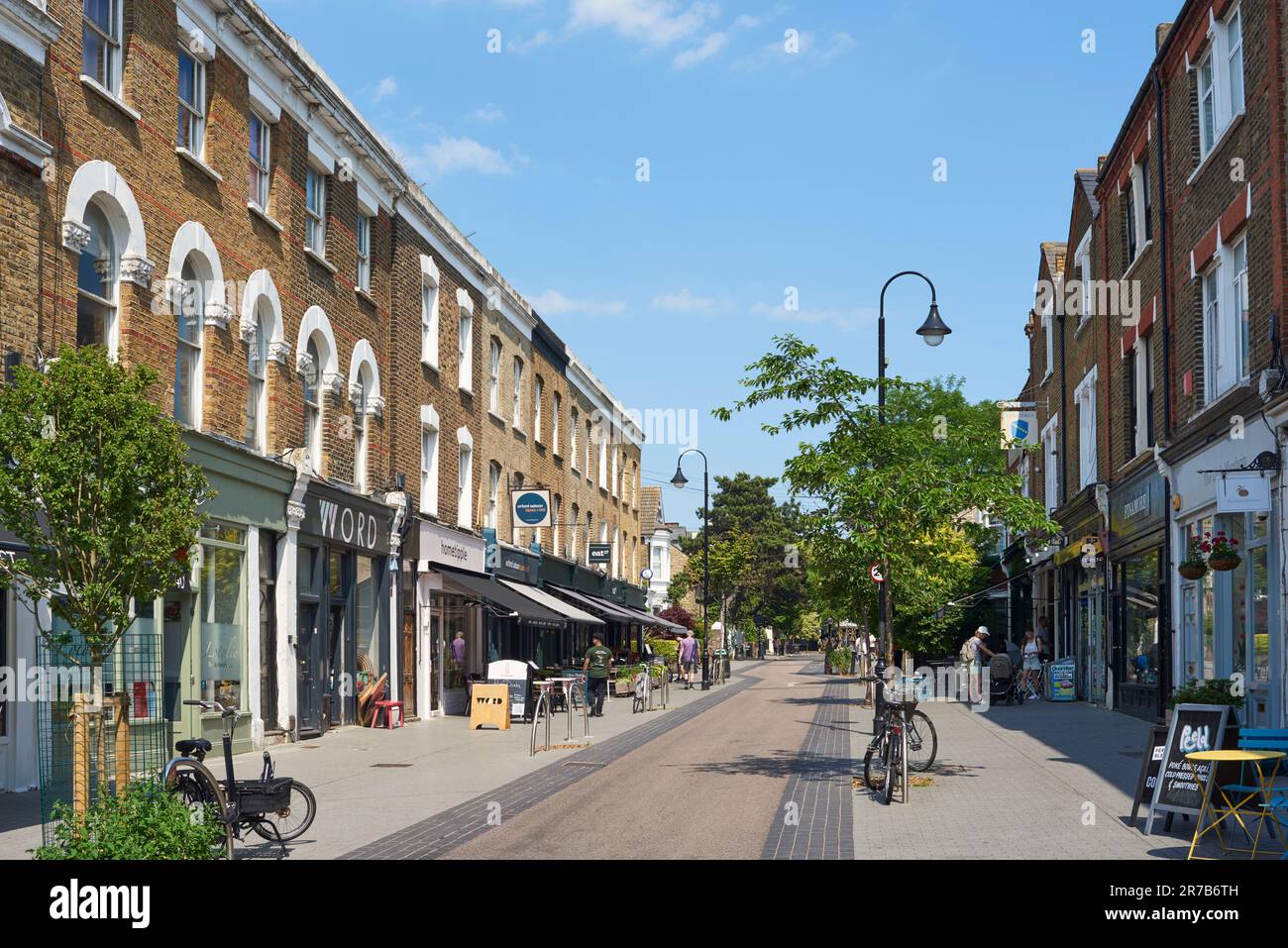 Shops and restaurants along Orford Road, Walthamstow Village, London UK, in summertime Stock Photo