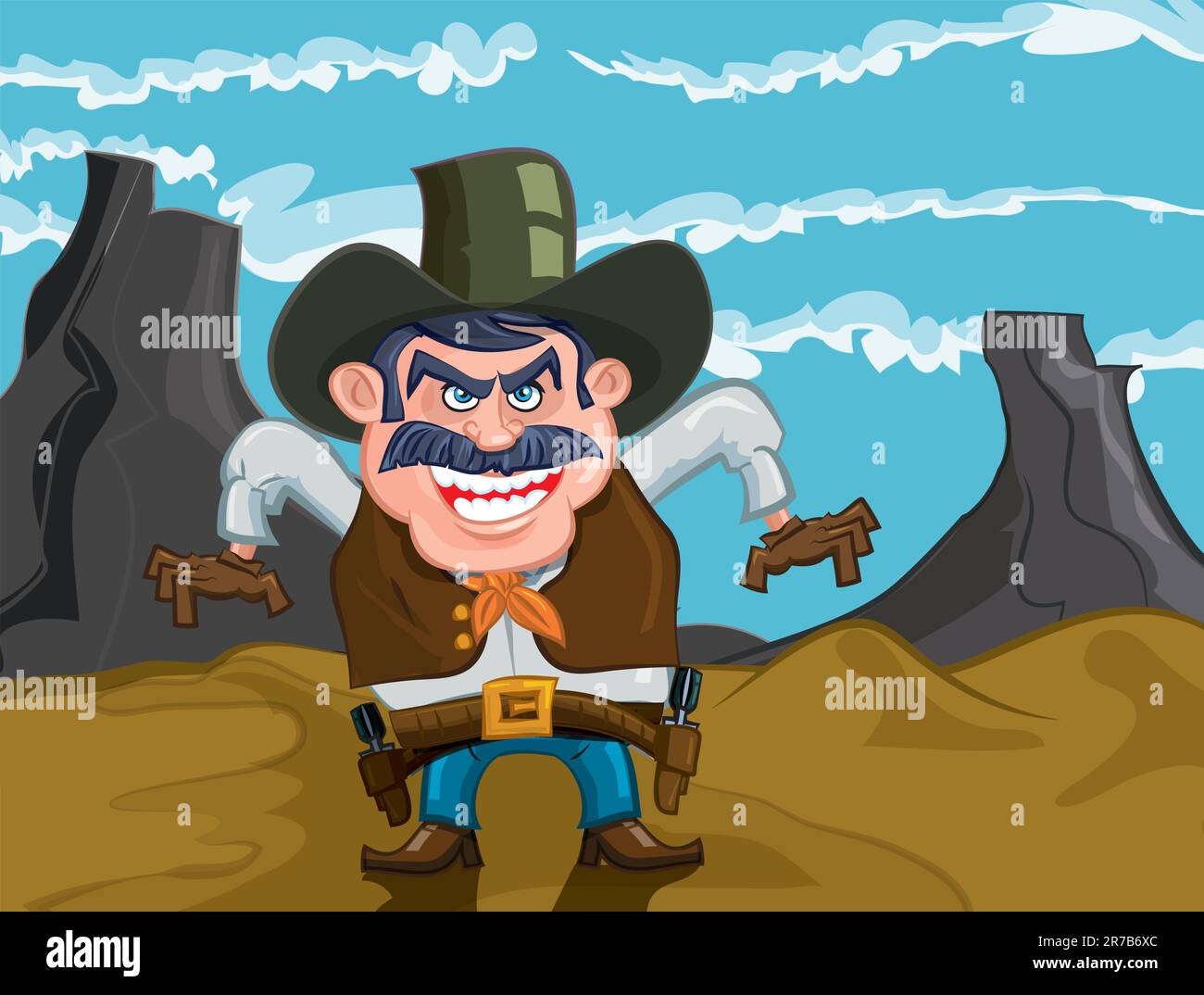 Cartoon cowboy with an evil smile. He is standing in the desert Stock Vector