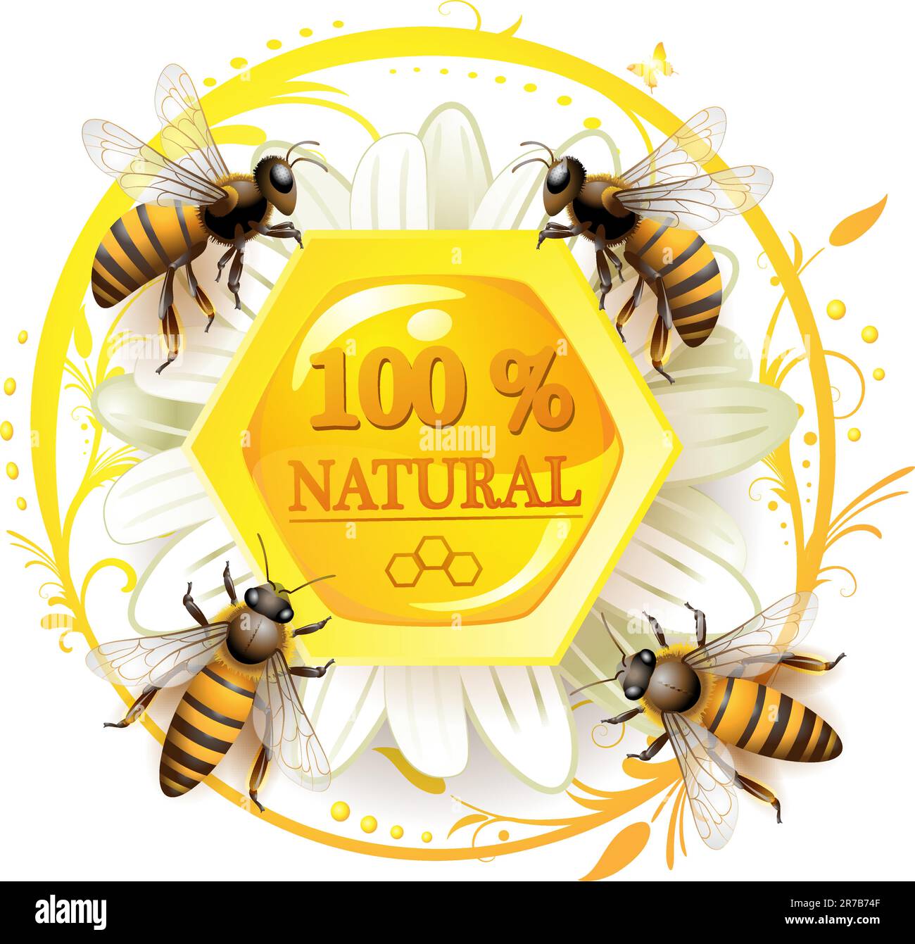 Bees and honeycombs over floral background isolated on white Stock Vector