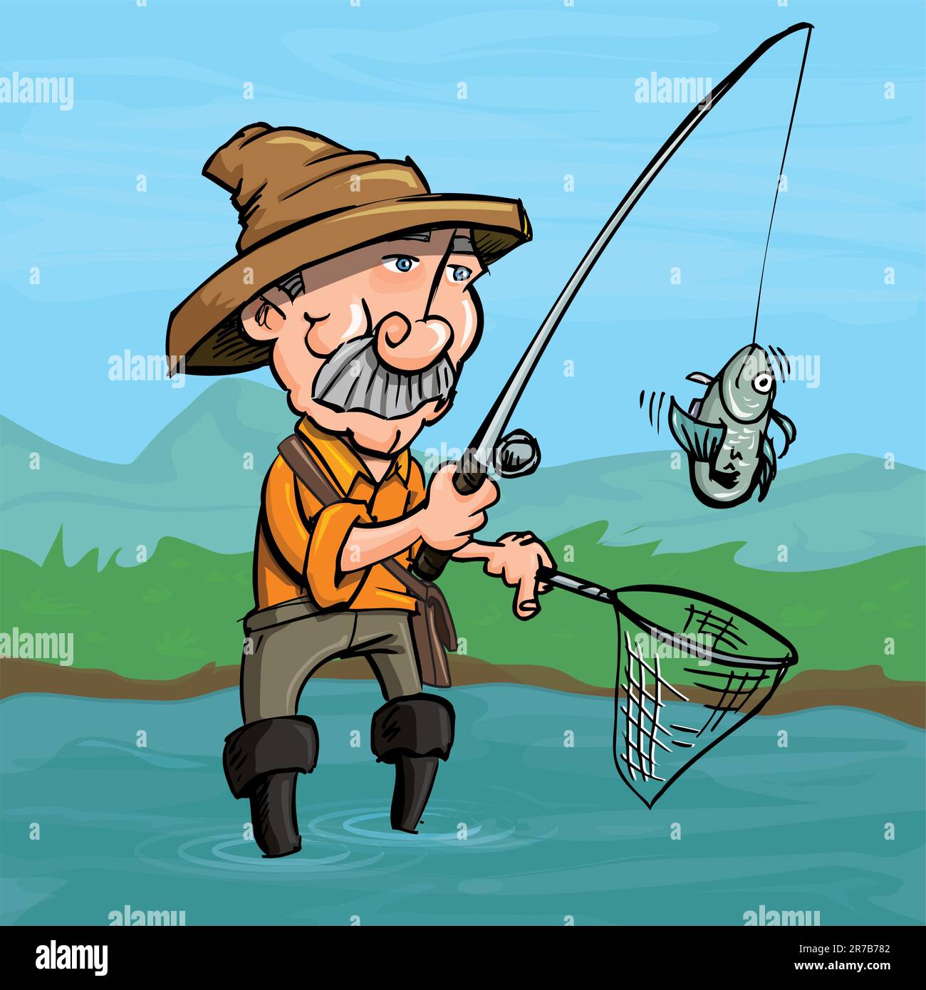 Cartoon fisherman catching a fish. He is standing in a river Stock
