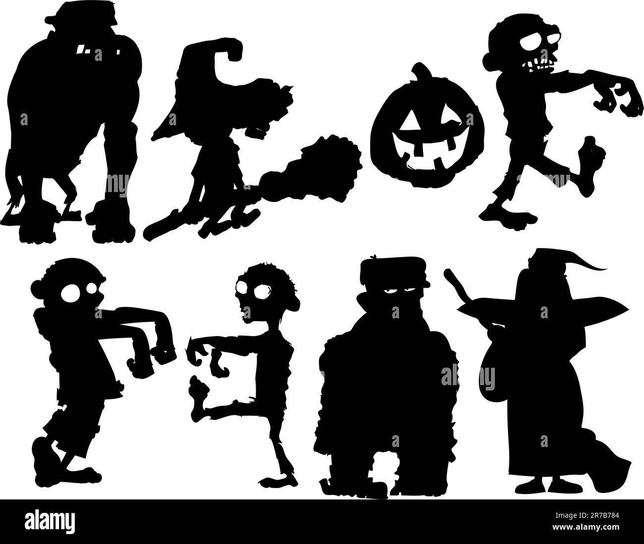 Silhouette set of Halloween characters isolated on white Stock Vector