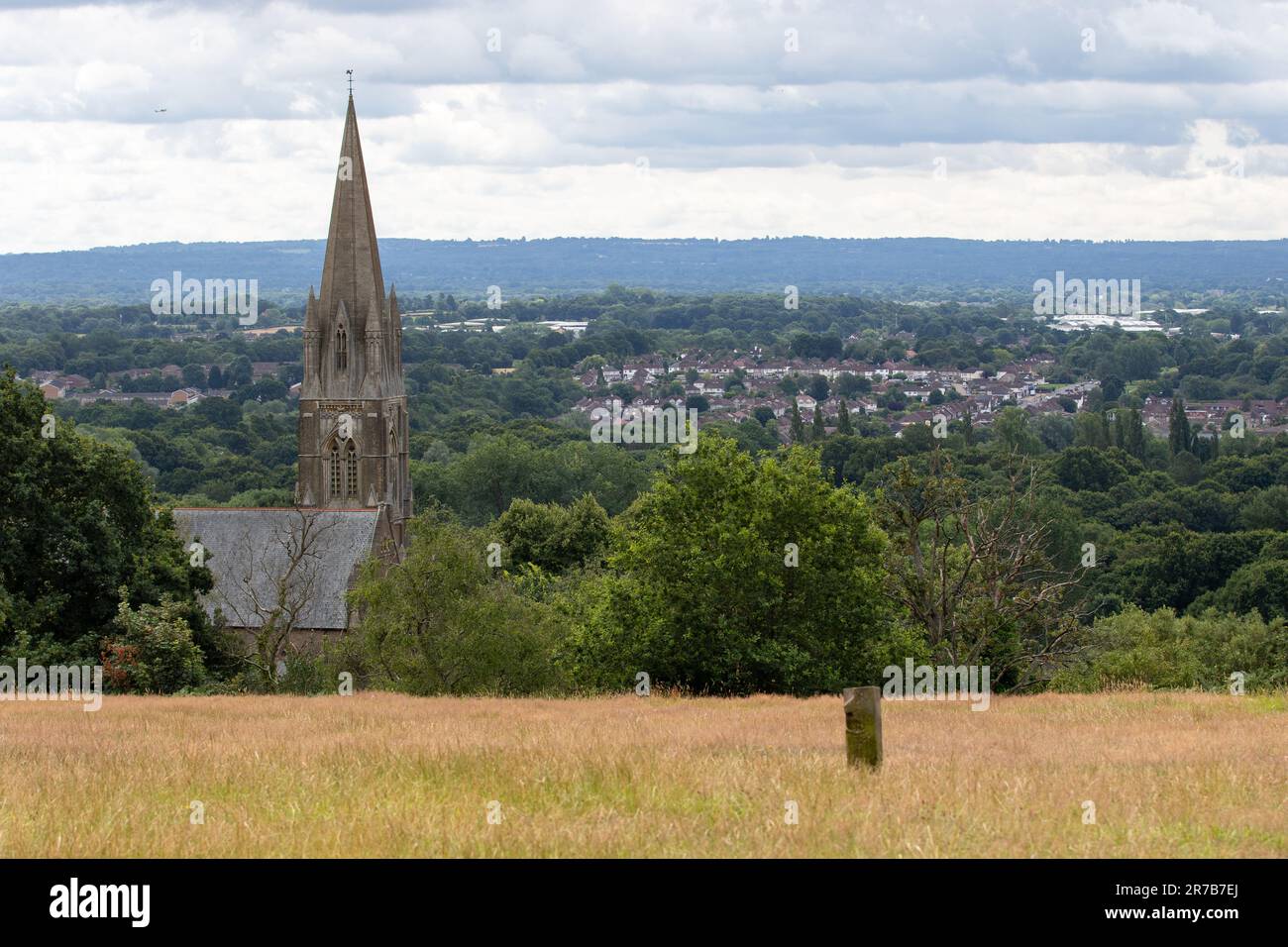 A landscape view of Redhill, surrey, England including a church. Stock Photo