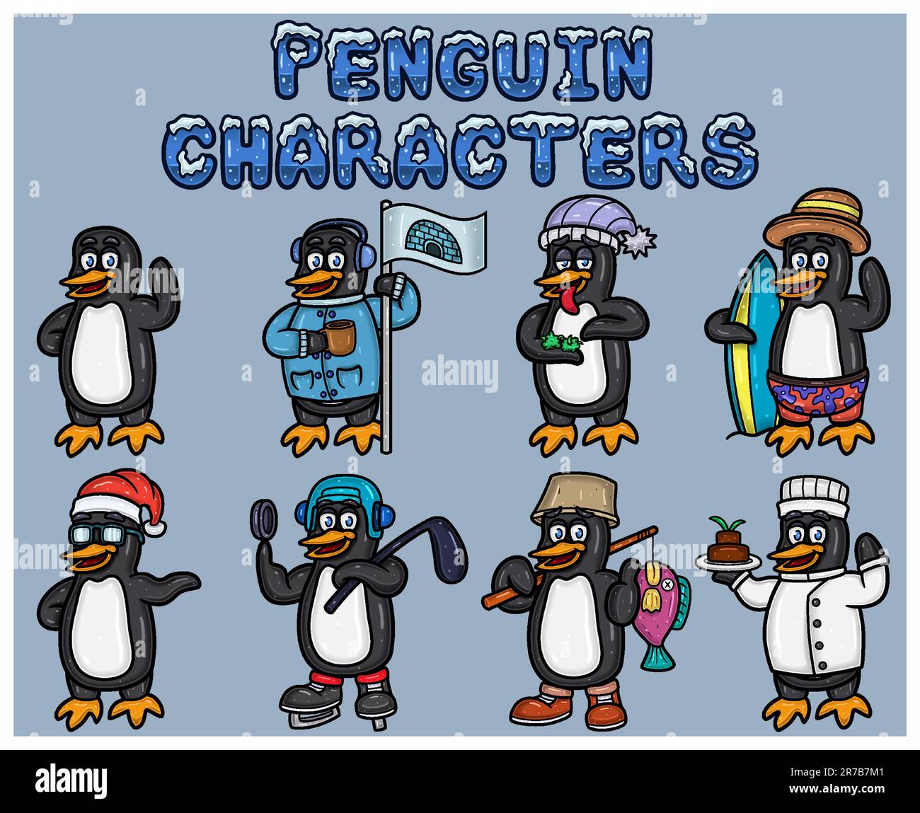 Set Of Penguin Cartoon Mascot Characters. With Simple Gradients. Vectors and Illustrations. Stock Vector