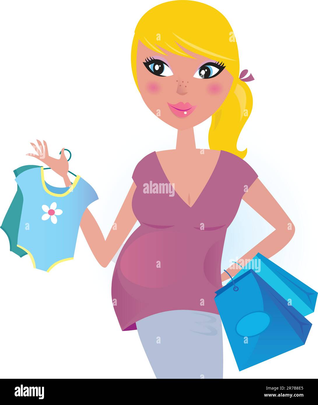 Blond hair mom with blue shopping bags. Vector Illustration. Stock Vector