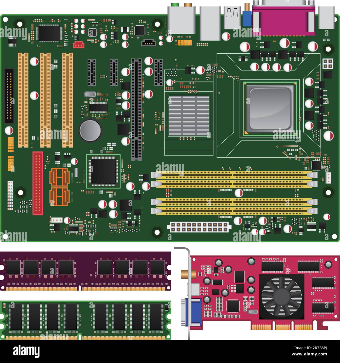 Layered vector illustration of Mainboard,Memory and Graphics Card. Stock Vector