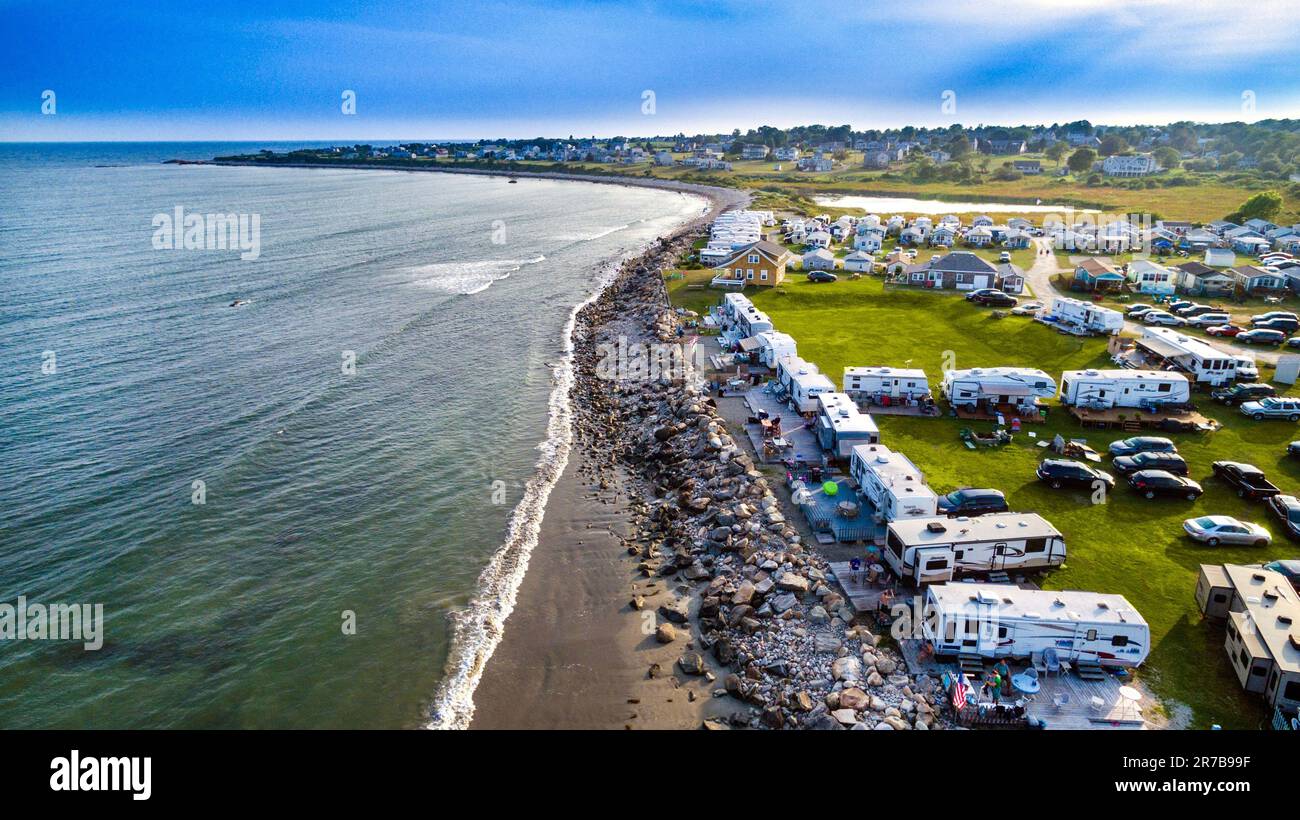 An aerial view of the beachfront campground in Little Compton, Rhode