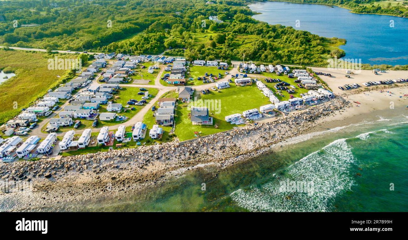 An aerial view of the beachfront campground in Little Compton, Rhode