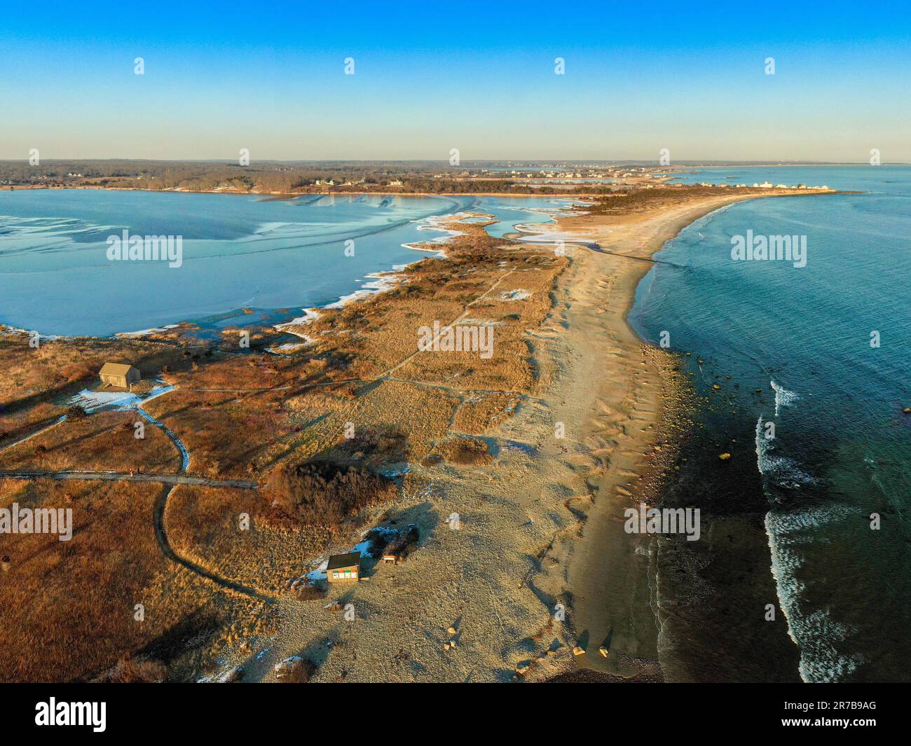An aerial view of South Shore Beach in Little Compton, Rhode Island