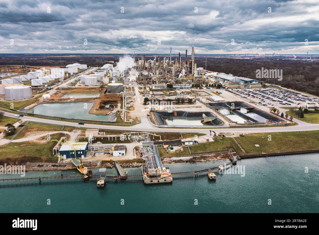 Tanker terminal at Suncor Sarnia refinery, Ontario, Canada on the St. Clair River bordering the U.S. Stock Photo