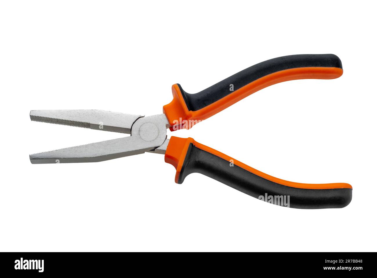 Flatnose pliers with orange and black rubber insulated grips, isolated