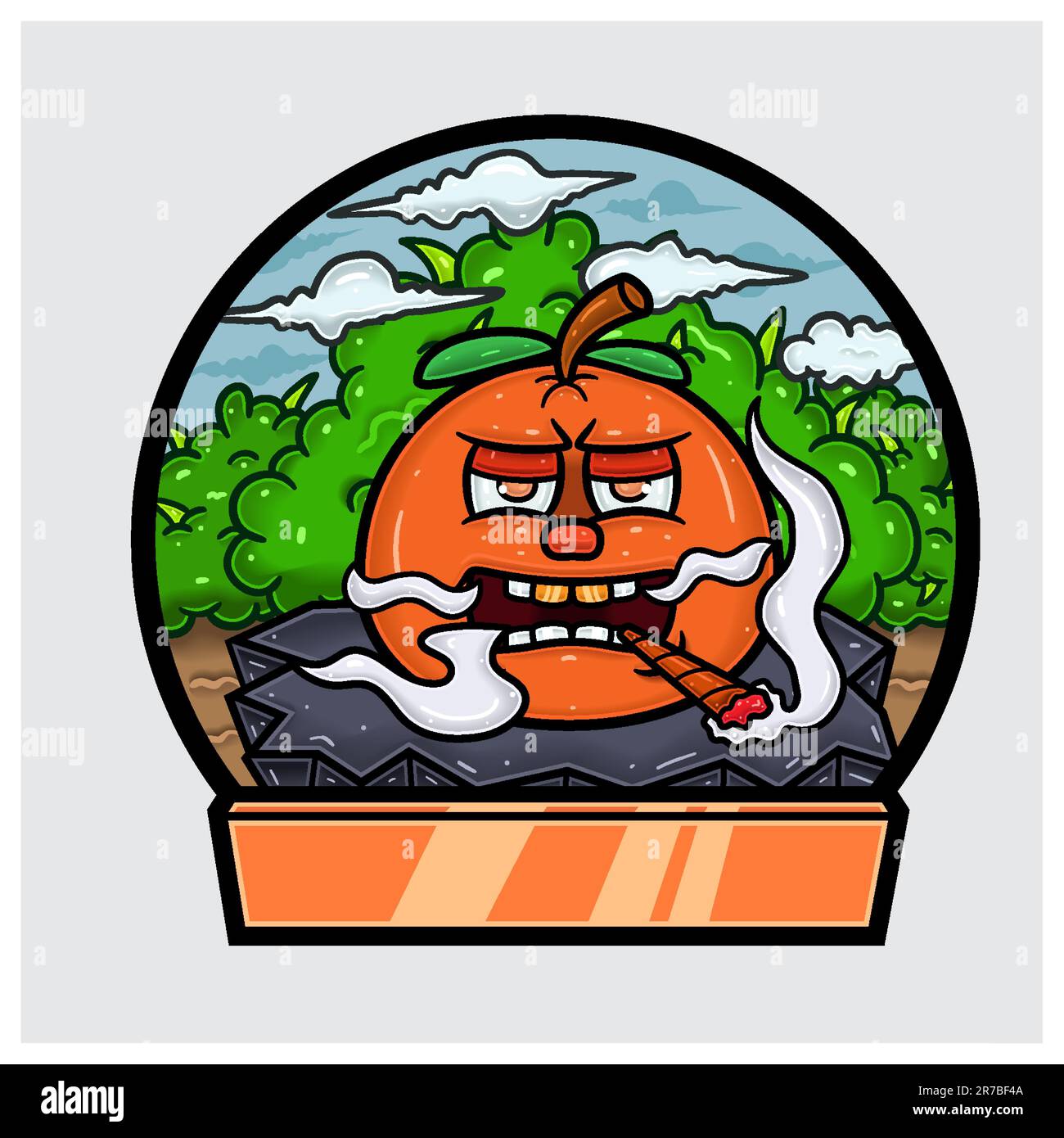 Orange Fruit Cartoon Character Do Smoking In Jungle. Blank Sign and Circle Logo. Vectors and Illustrations. Stock Vector