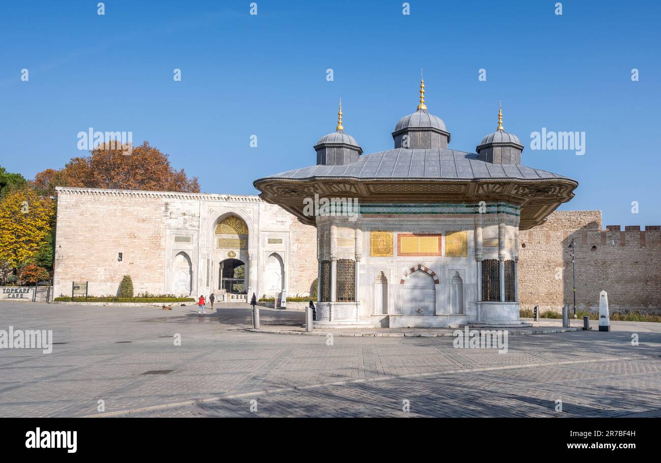 ISTANBUL, TURKEY - DECEMBER 5: Fountain of Ahmed III. The fountain was built in 1728. Standing between Hagia Sophia and Topkapi Palace entrance, Istan Stock Photo