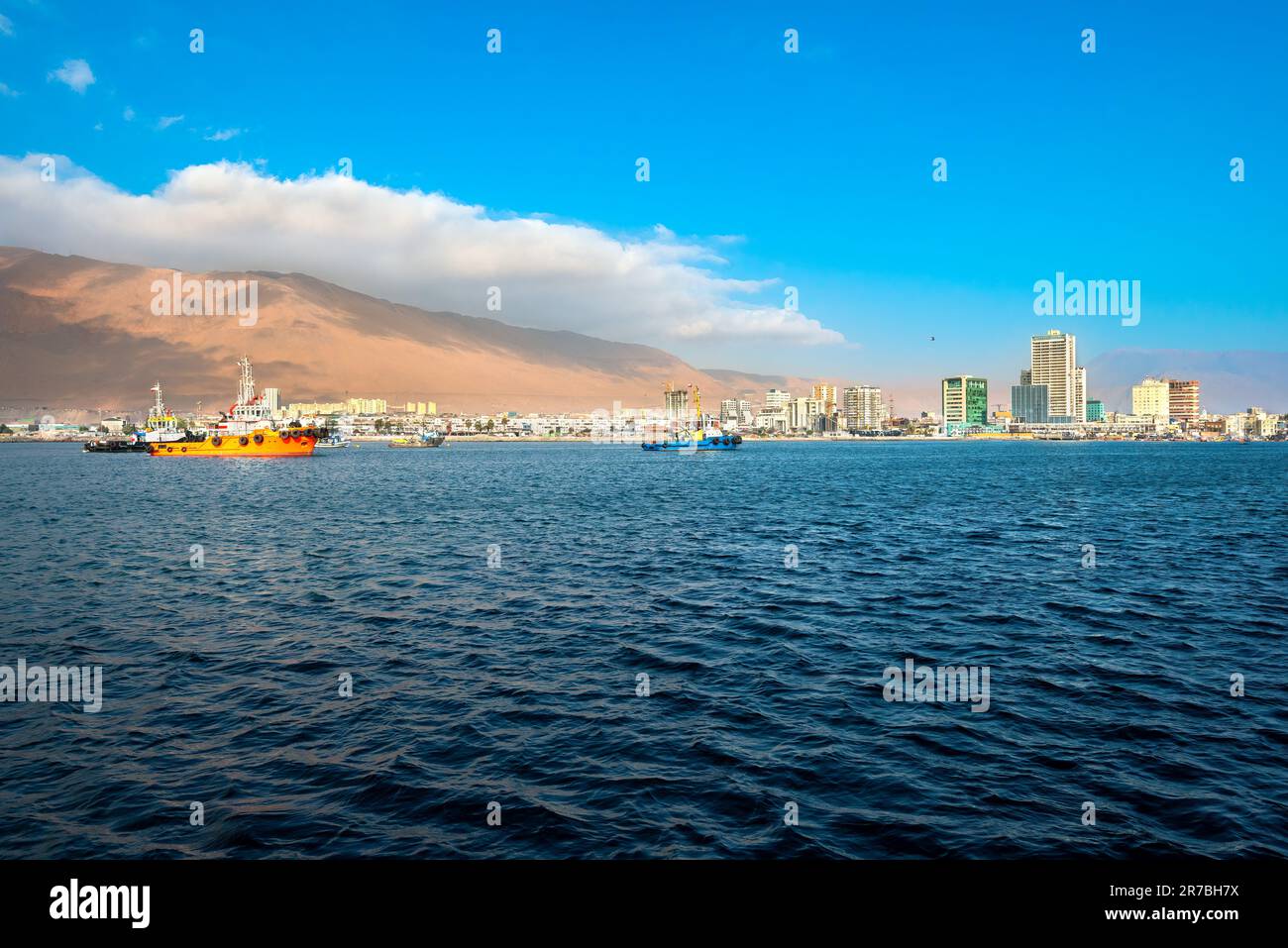 Skyline of downtown and marina of Iquique from the sea, Chile Stock ...