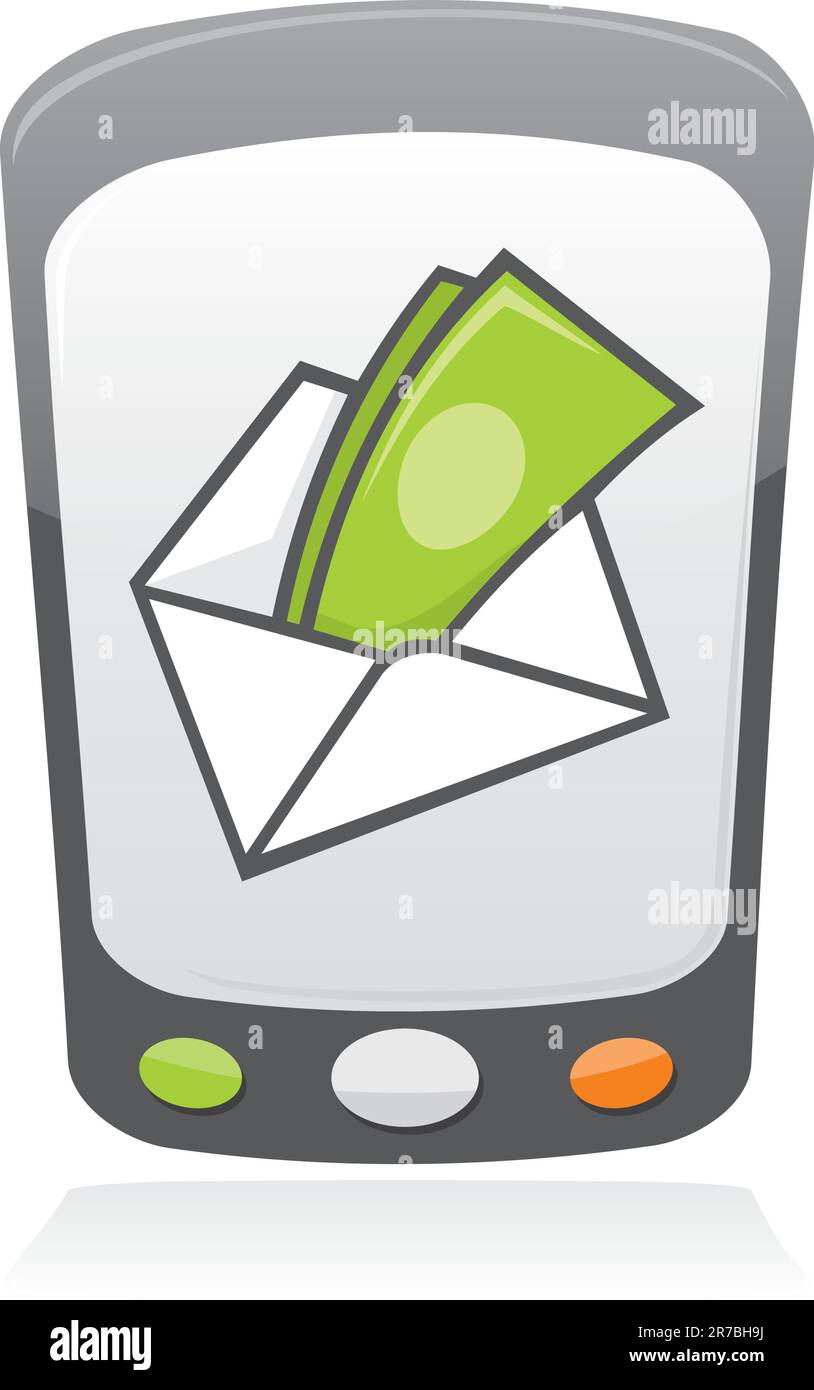 Illustration of money inside an envelope on a mobile phone screen. Stock Vector