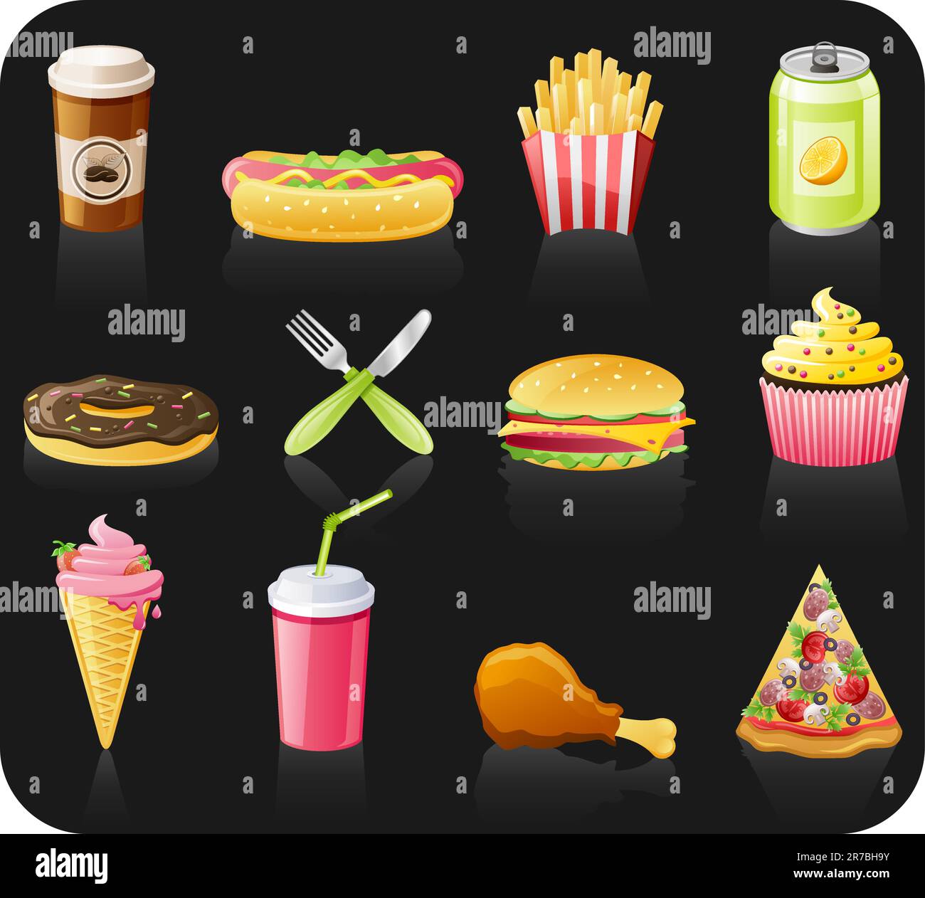 Fast food black background  icon set: coffee, hot dog, french fries, doughnut, fork, burger, fruitcake, ice-cream, drink, chicken, pizza Stock Vector