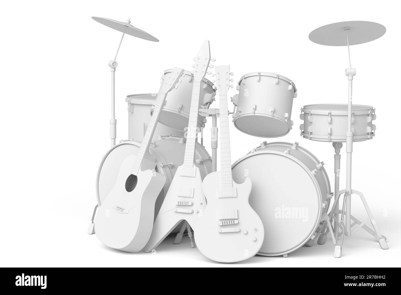 Set of realistic drums with metal cymbals on stands and acoustic