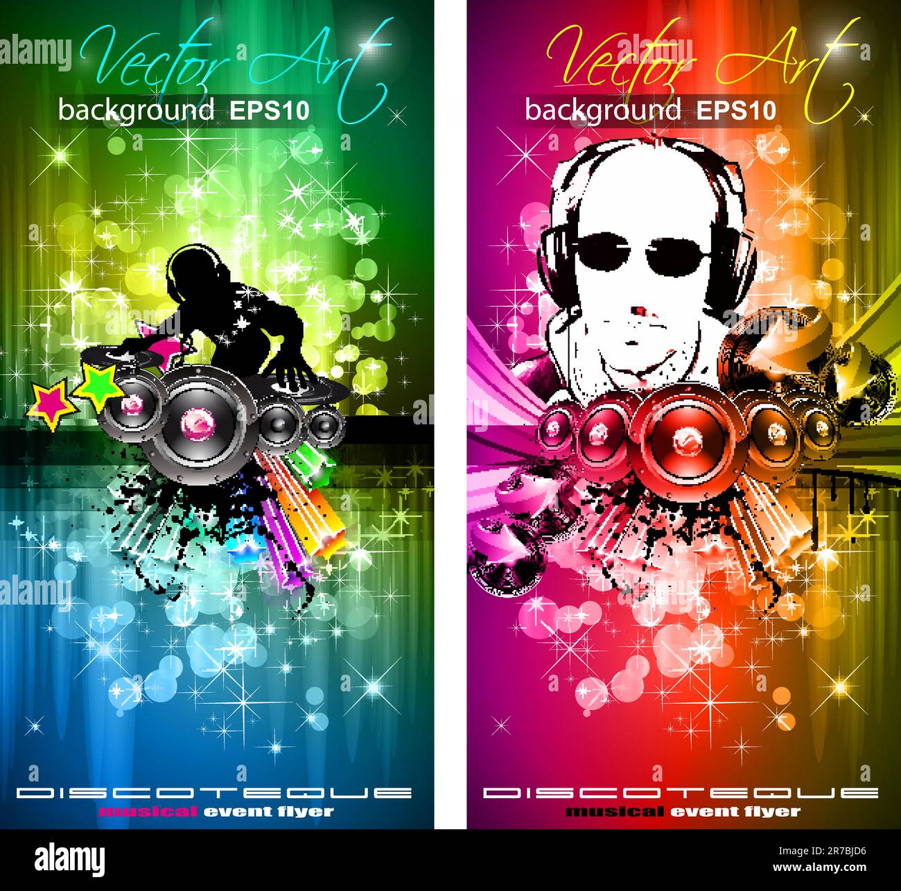 Magic Lights Disco Flyer with DJ shape and a lot of stars Stock Vector