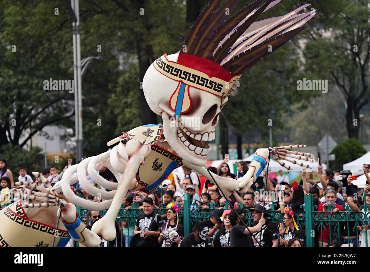 Giant skeletons process through the street during the Grand Parade of the Dead to celebrate Dia de los Muertos holiday on Paseo de la Reforma, October 29, 2022 in Mexico City, Mexico. Stock Photo
