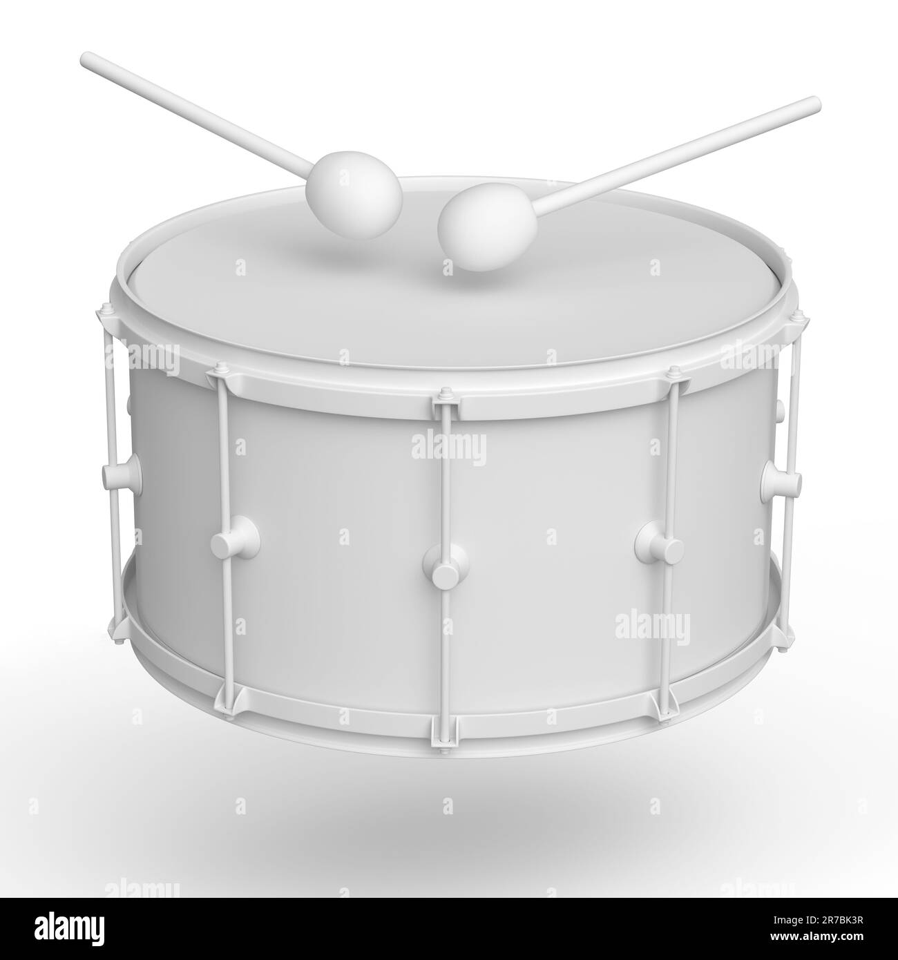 Realistic drum and wooden drum sticks on monochrome background. 3d