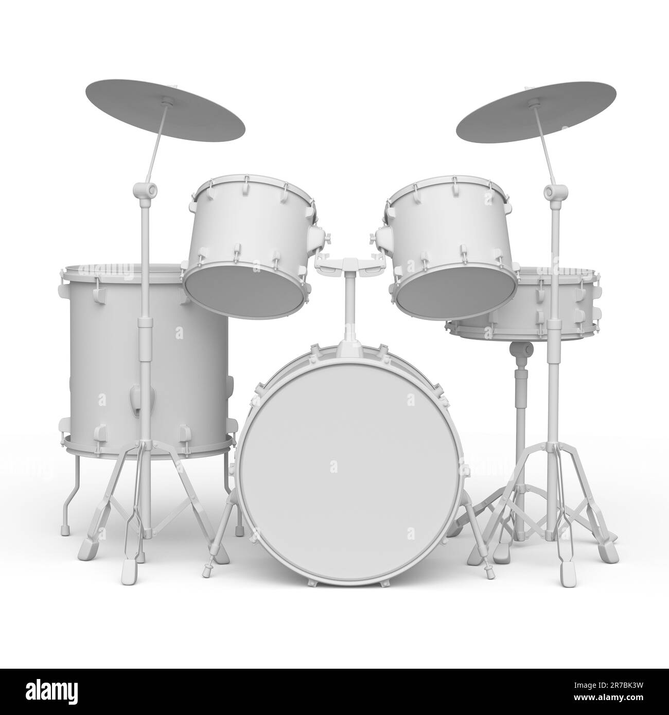 Set of realistic drums with metal cymbals on monochrome background. 3d