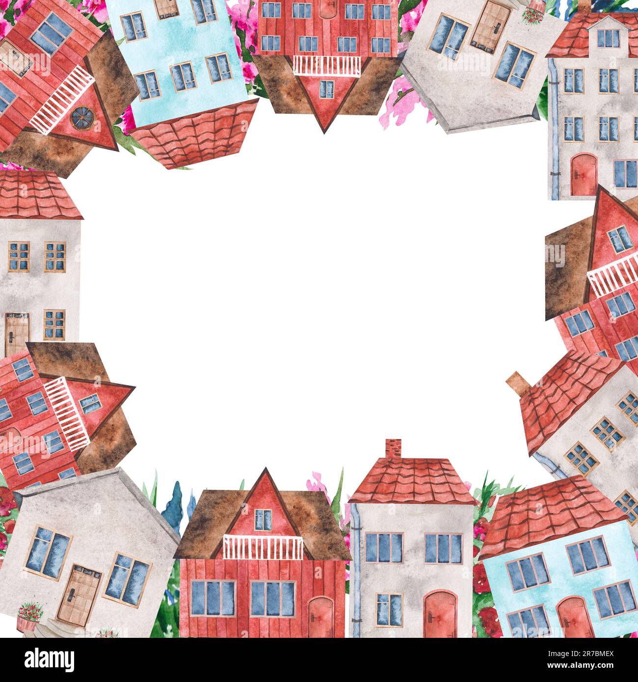 Watercolor frame with cute houses on a white background. Template for a