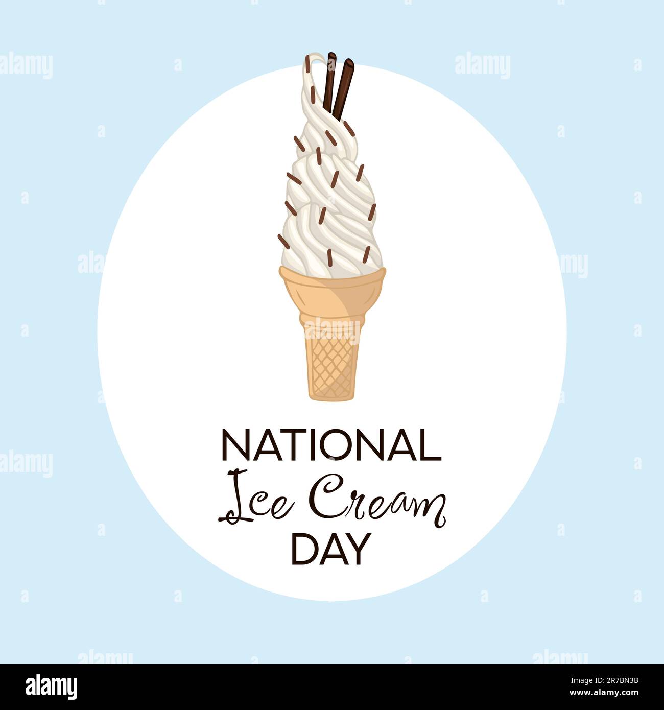Happy National Ice Cream Day card. Handdrawn ice cream cone with waffle and chocolate chips