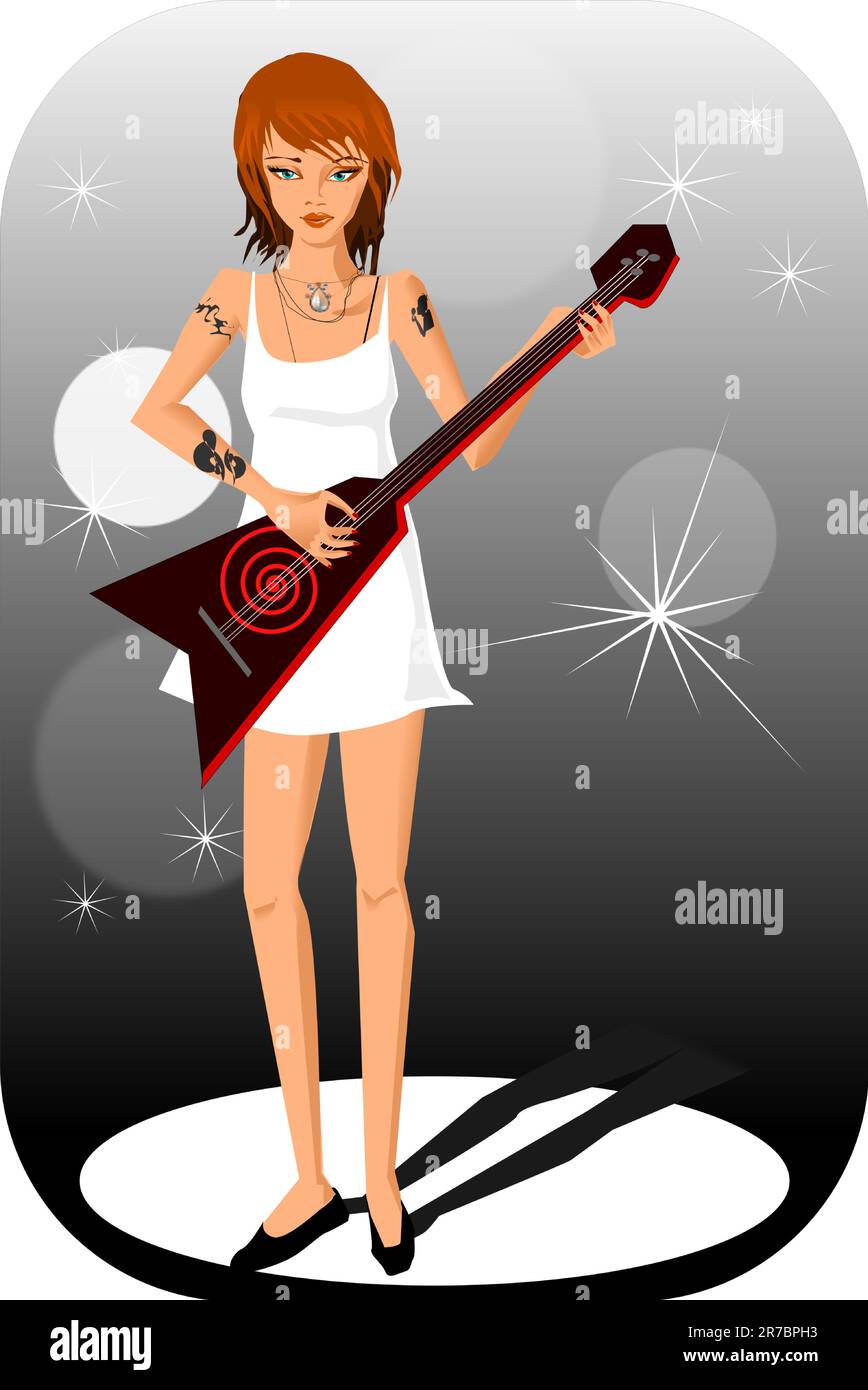 illustration of a girl playing guitar on an electric guitar. Stock Vector