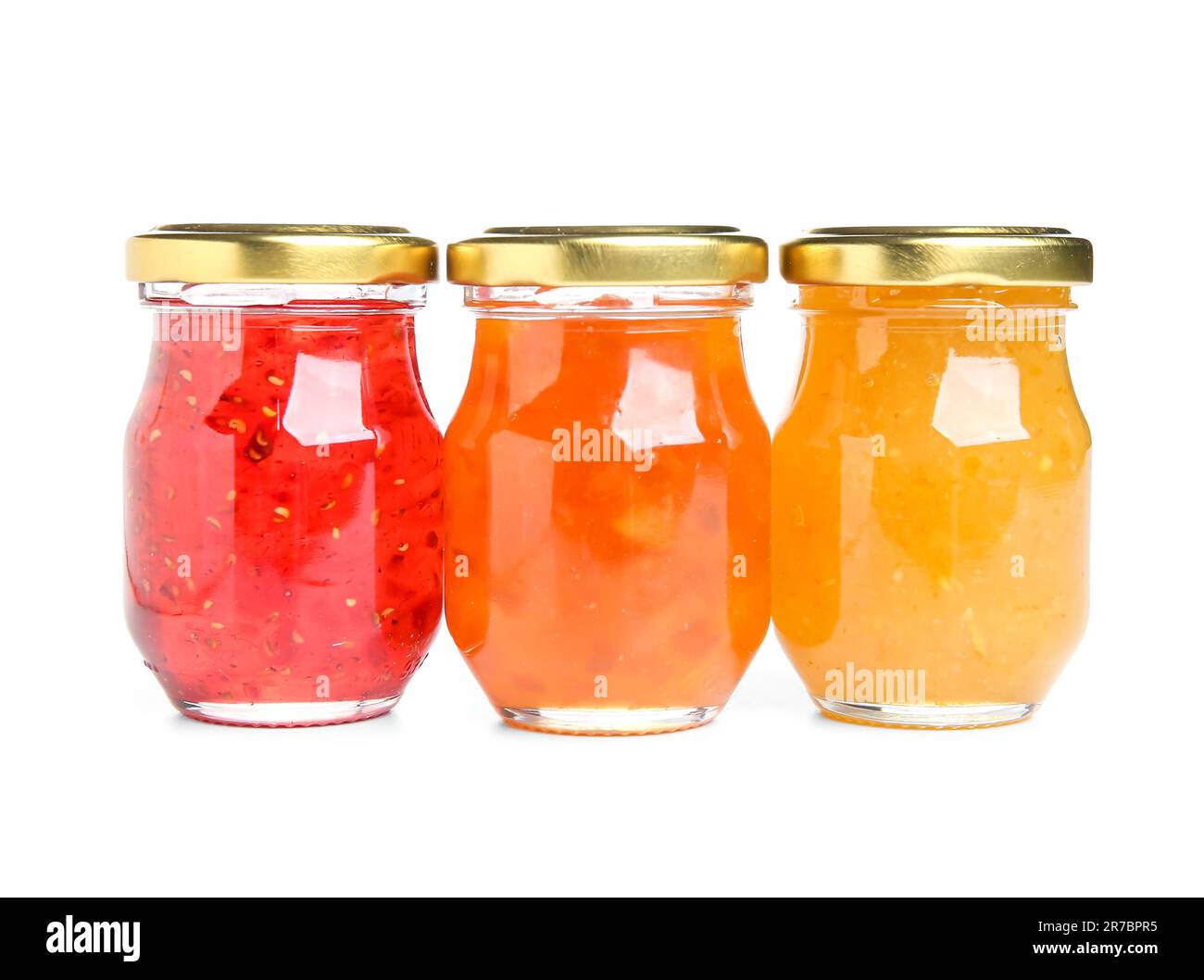Jars of different jams on white background Stock Photo - Alamy