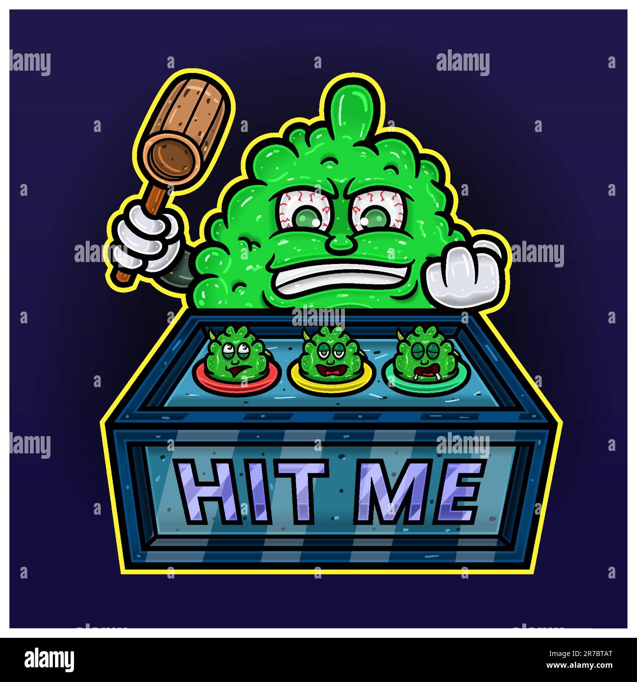 Cartoon Mascot Of Weed Bud Holding Hammer and Punch Machine Game. Perfect For Label, Cover, Packaging, and Product Design. Vectors and Illustrations. Stock Vector