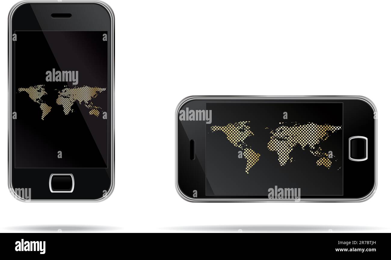 two mobile phones with golden world map, vector illustration Stock Vector