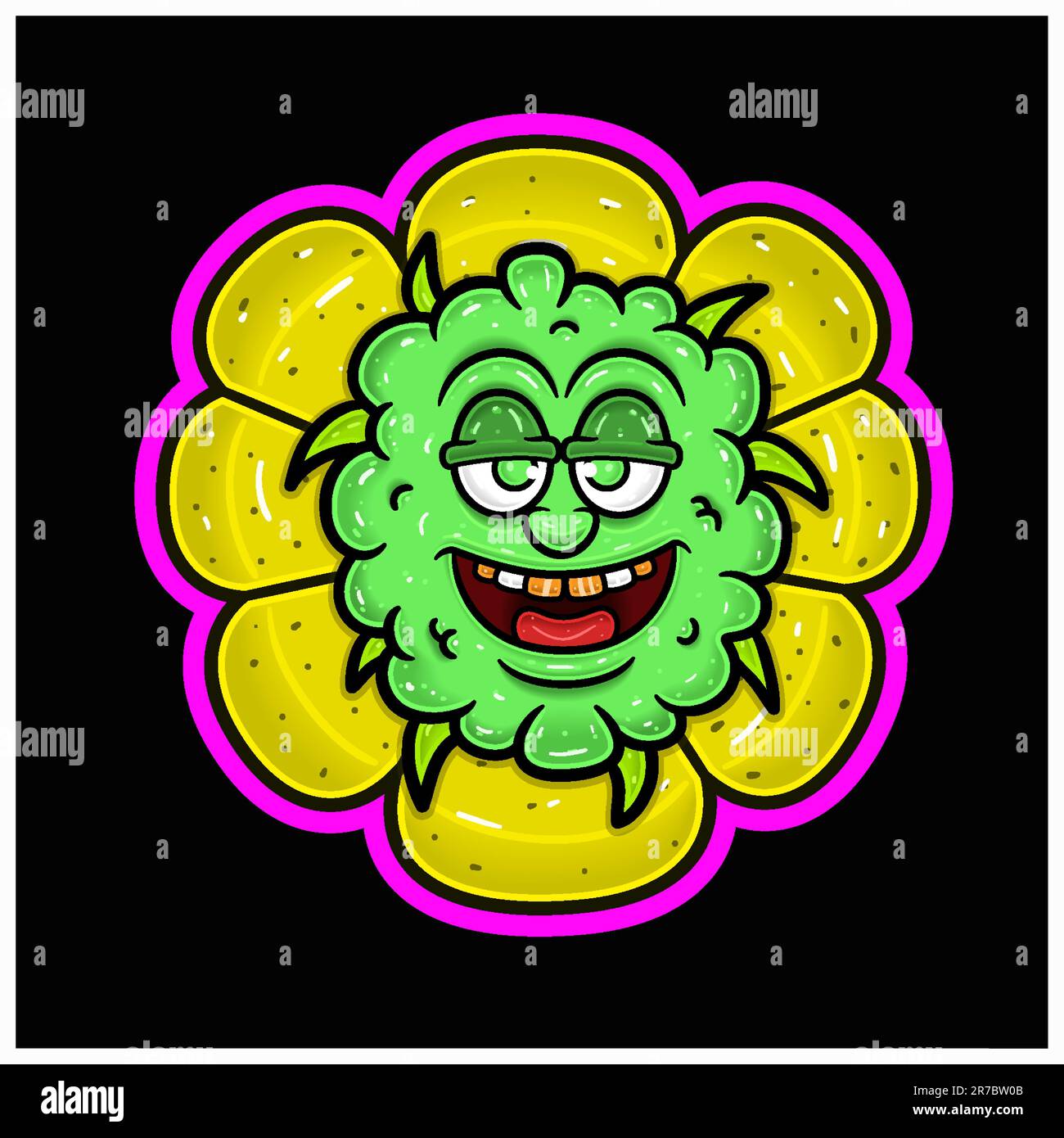 Cartoon Mascot of Weed Bud On Flower. Perfect For Label, Cover, Packaging, and Product Design. Vectors and Illustrations. Stock Vector