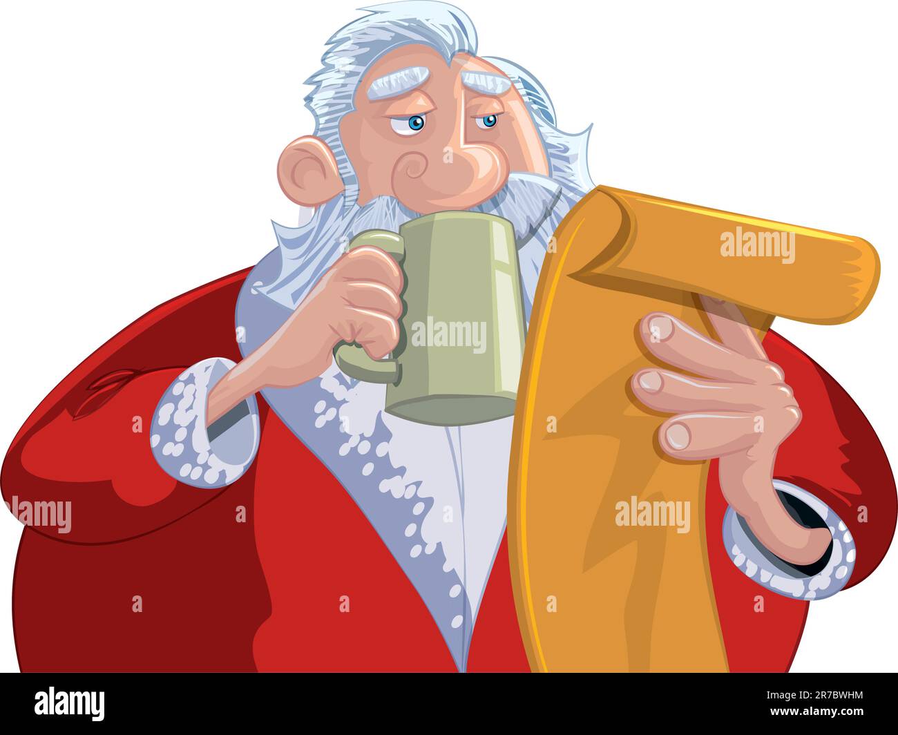 Cartoon Santa with a white beard. Reading his list Stock Vector