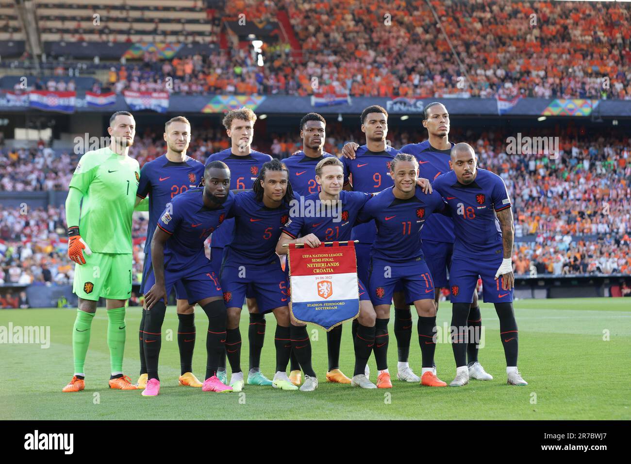 Rotterdam, Netherlands. 14th June, 2023. Players of Netherlands pose for a team photo prior to the UEFA Nations League 2022/23 semifinal match between Netherlands and Croatia at De Kuip on June 14, 2023 in Rotterdam, Netherlands. Photo: Luka Stanzl/PIXSELL Credit: Pixsell/Alamy Live News Stock Photo