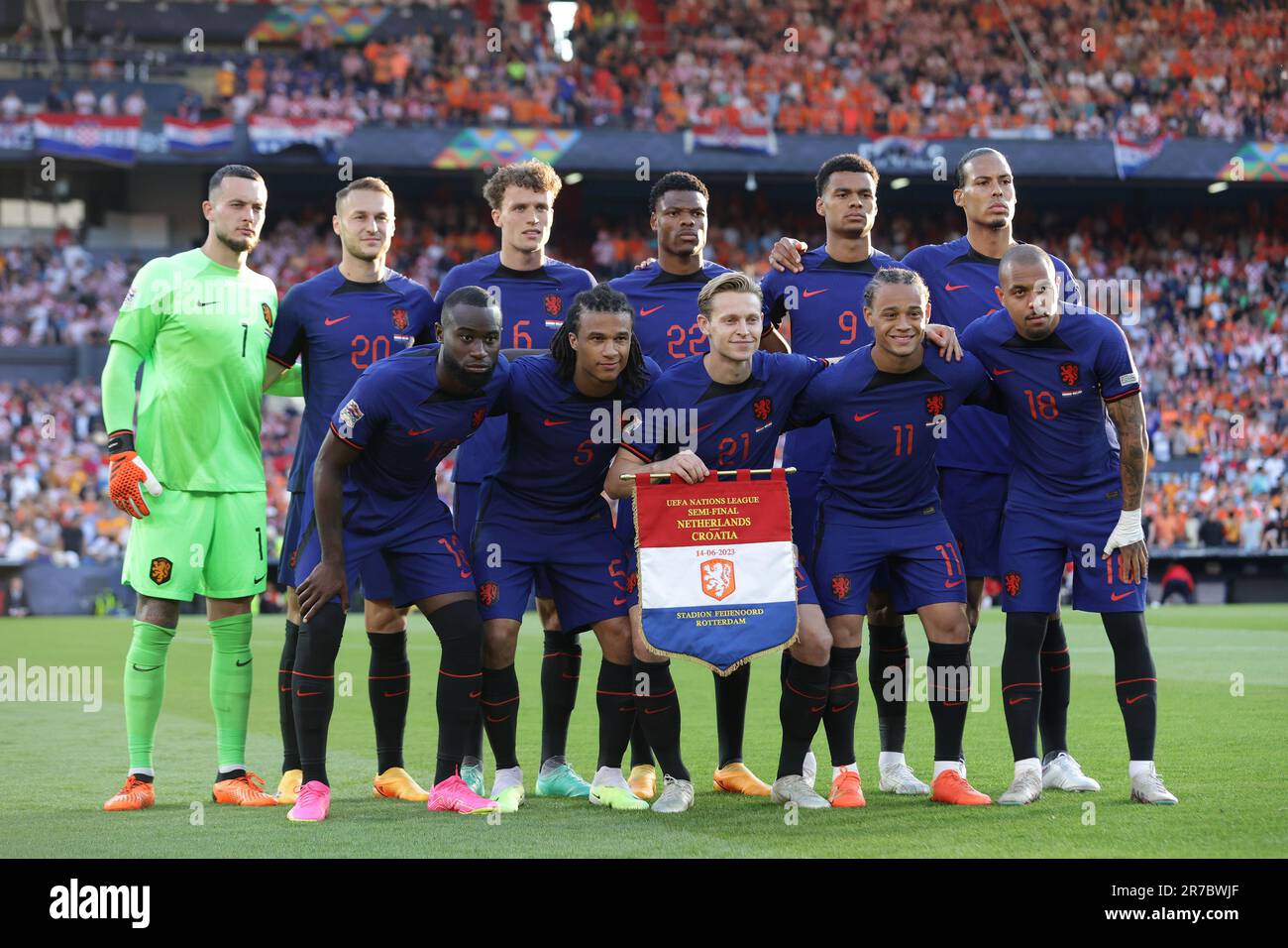 Rotterdam, Netherlands. 14th June, 2023. Players of Netherlands pose for a team photo prior to the UEFA Nations League 2022/23 semifinal match between Netherlands and Croatia at De Kuip on June 14, 2023 in Rotterdam, Netherlands. Photo: Luka Stanzl/PIXSELL Credit: Pixsell/Alamy Live News Stock Photo