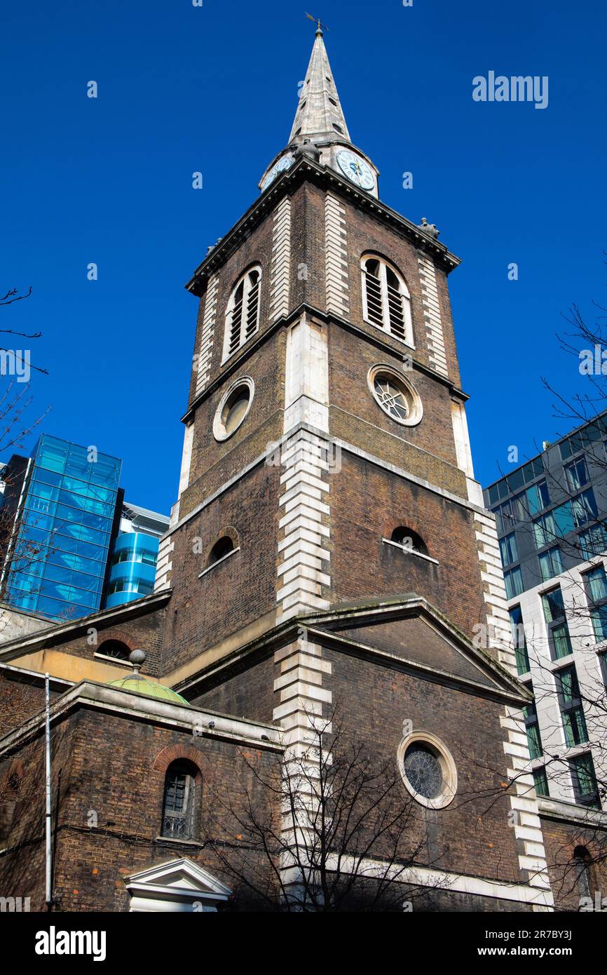 Looking up at the historic St. Botolph Without Aldgate Church, in the City of London, UK. Stock Photo