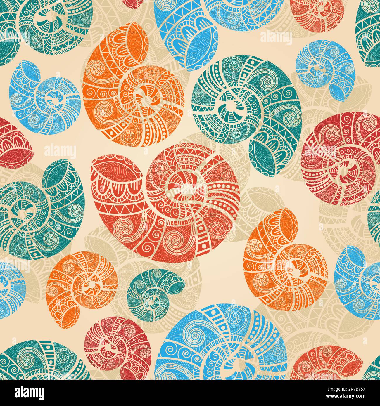 vector seamless background with bright snail shells with ethnic ...