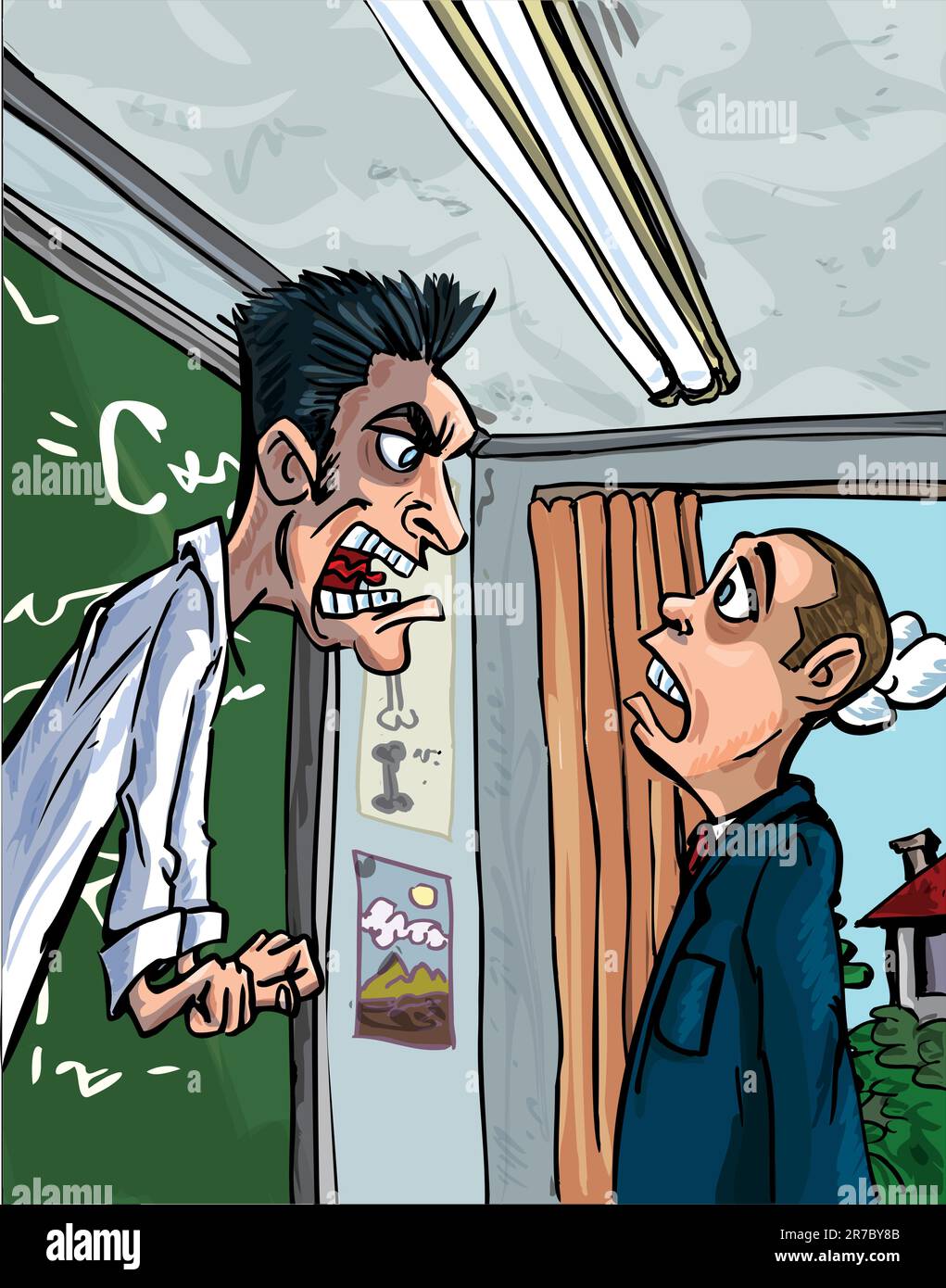 Cartoon of teacher screaming at a pupil. Classroom behind Stock Vector
