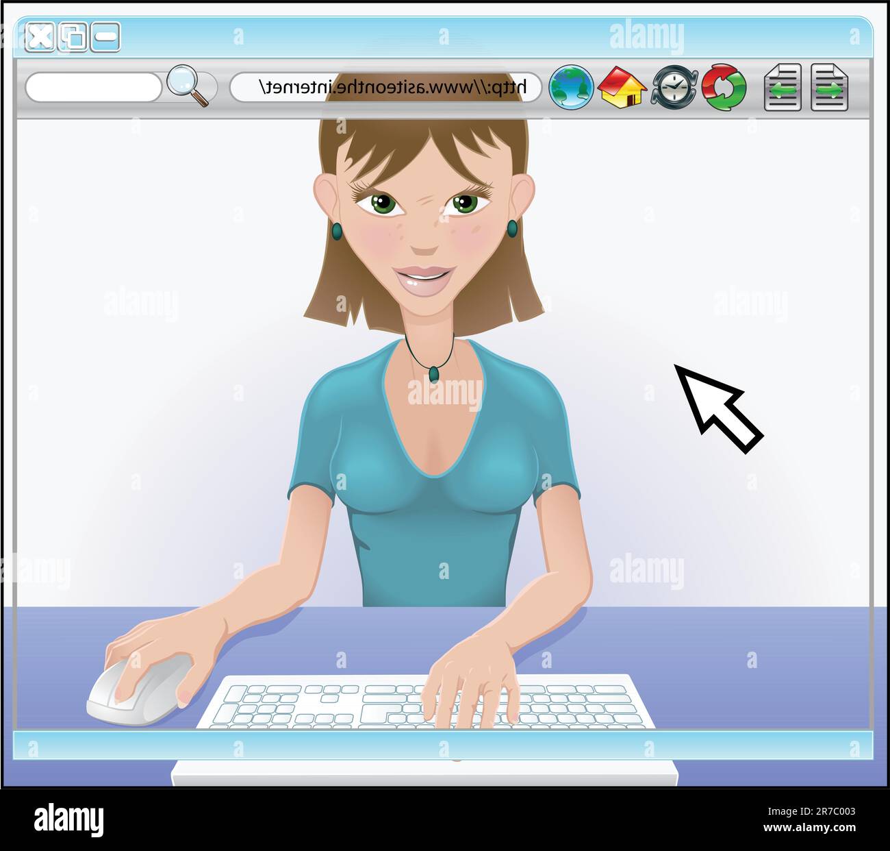 An attractive young woman surfing the internet. View from behind screen. Stock Vector