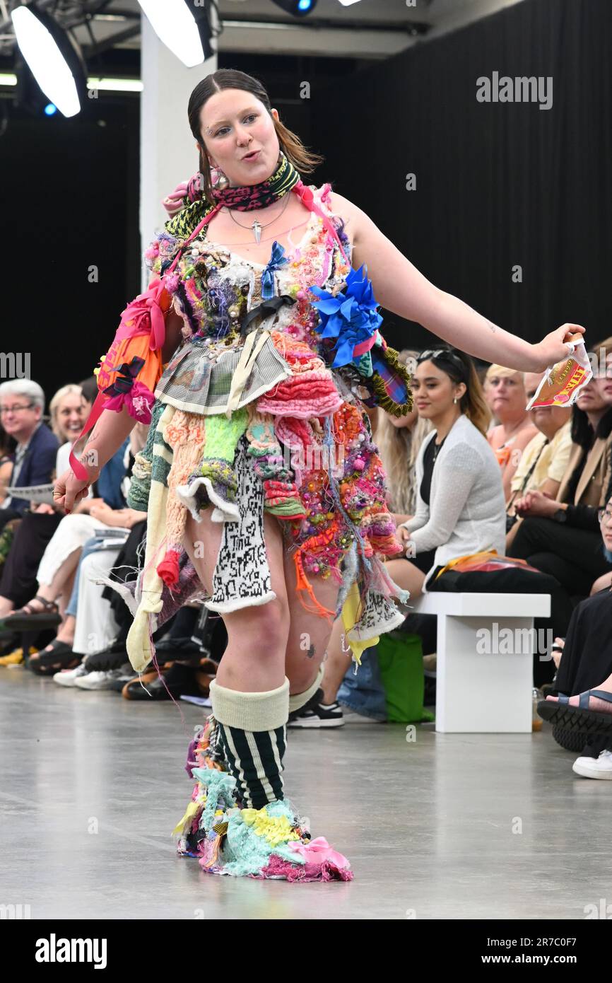 London, UK. June 14 2023. Graduate students present their design of the Brimingham city University and Glasgow school of Art at the Graduate Fashion Week 2023 Day 3 at at Old Truman Brewery, London, United Kingdom. Credit: See Li/Picture Capital/Alamy Live News Stock Photo