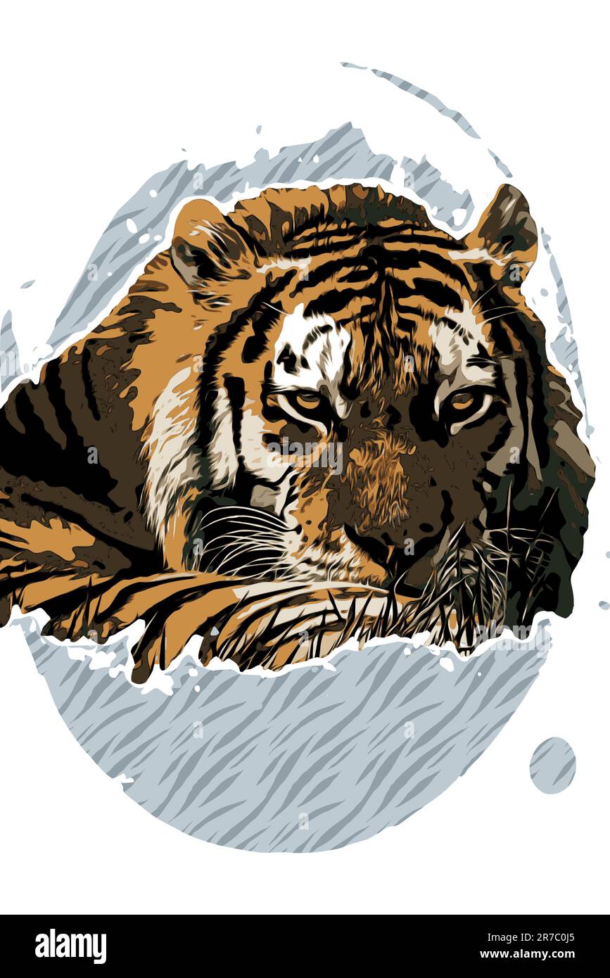 The tiger lies on the grass and looks sadly into the distance, stylized illustration Stock Photo