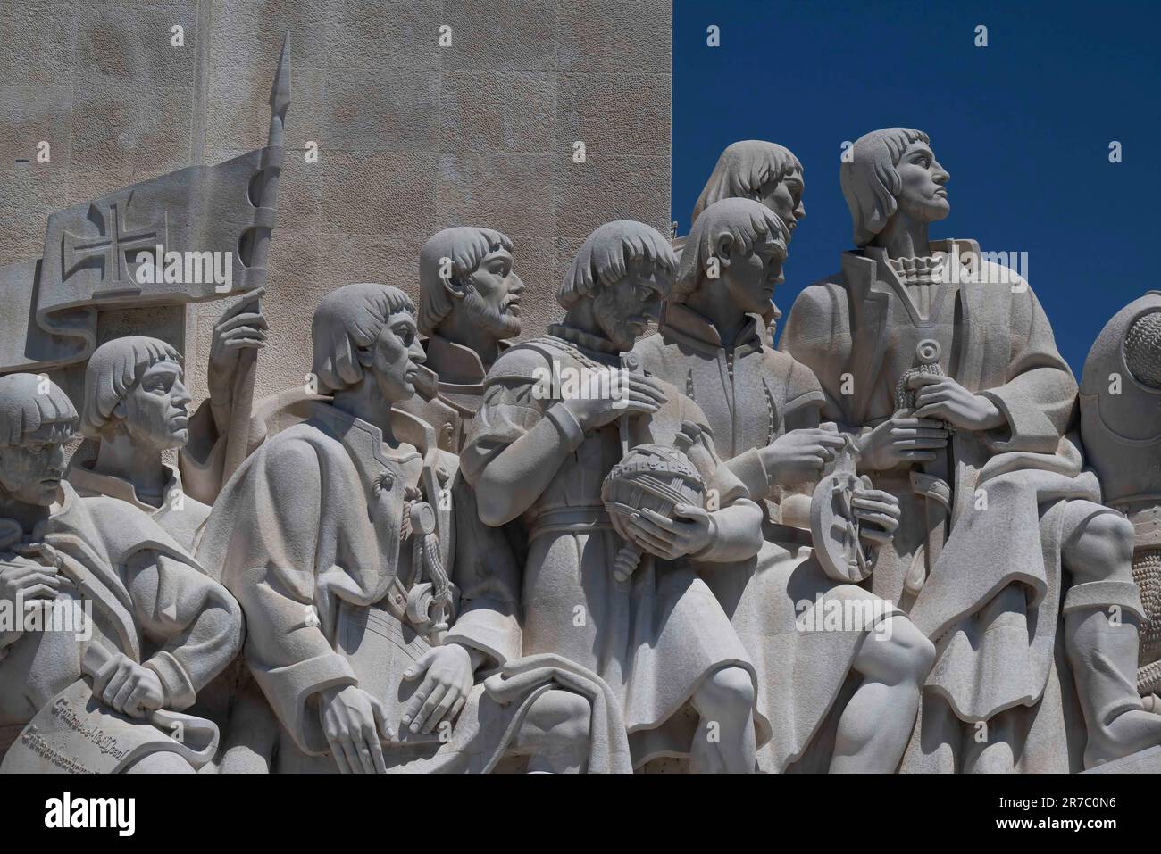 Close-up of the sculptures adorning the Monument to the Discoveries in the vicinity of the Rio Tejo promenade. The monument is a gigantic structure built in 1960 on the banks of the Tejo River in Belém, Lisbon, to commemorate the 500th anniversary of the death of Henry the Navigator and also to honor the memory of all those who were involved in the progress of the Age of Discoveries. Author of the work were the architect José Ângelo Cottinelli Telmo and the sculptor Leopoldo de Almeida, who were responsible for the sculptures. (Photo by Jorge Castellanos/SOPA Images/Sipa USA) Stock Photo