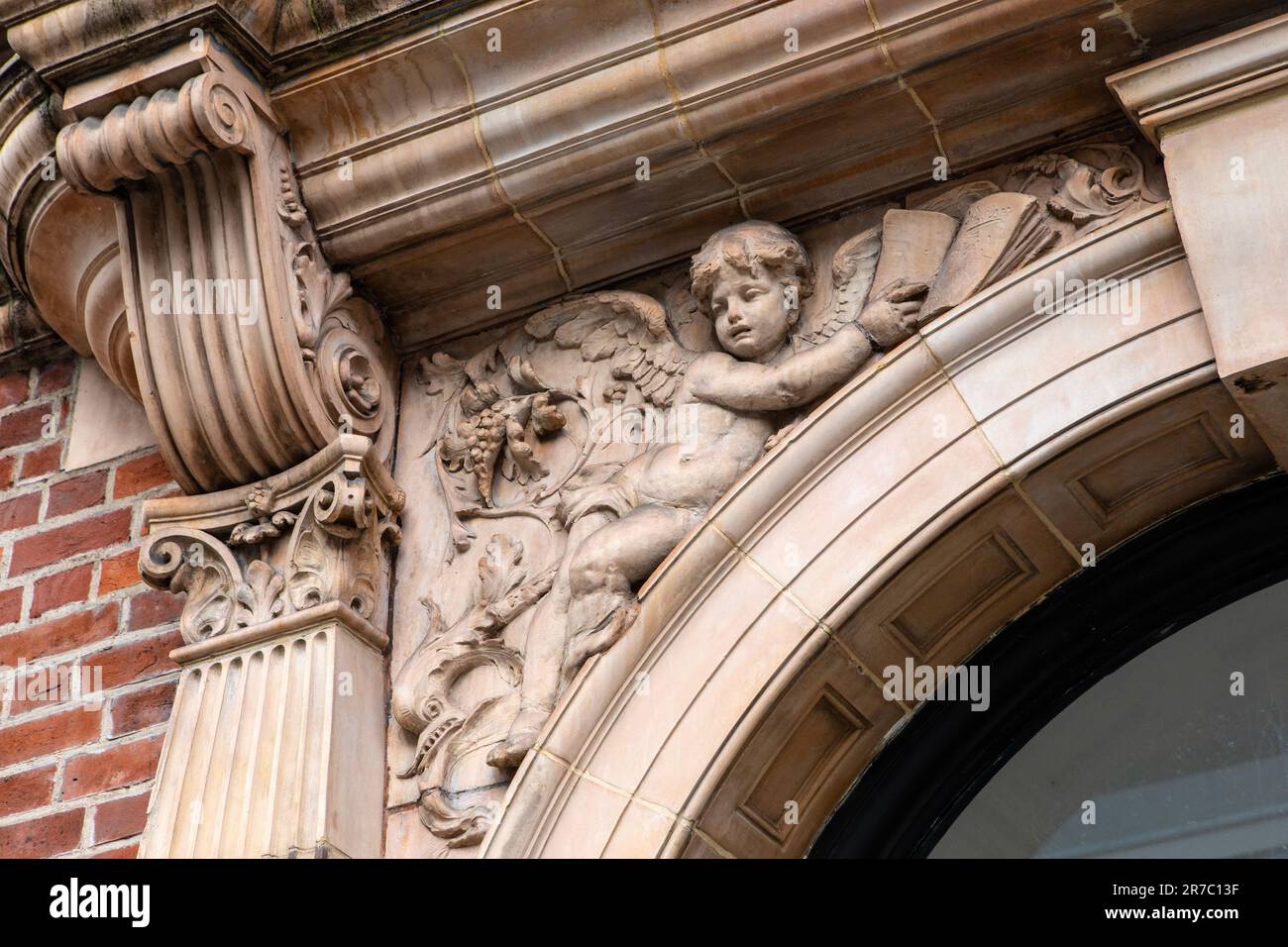 London, UK - March 2nd 2023: The ornate stone sculpture above the entrance sign to the Whitechapel Gallery in London, UK. Stock Photo