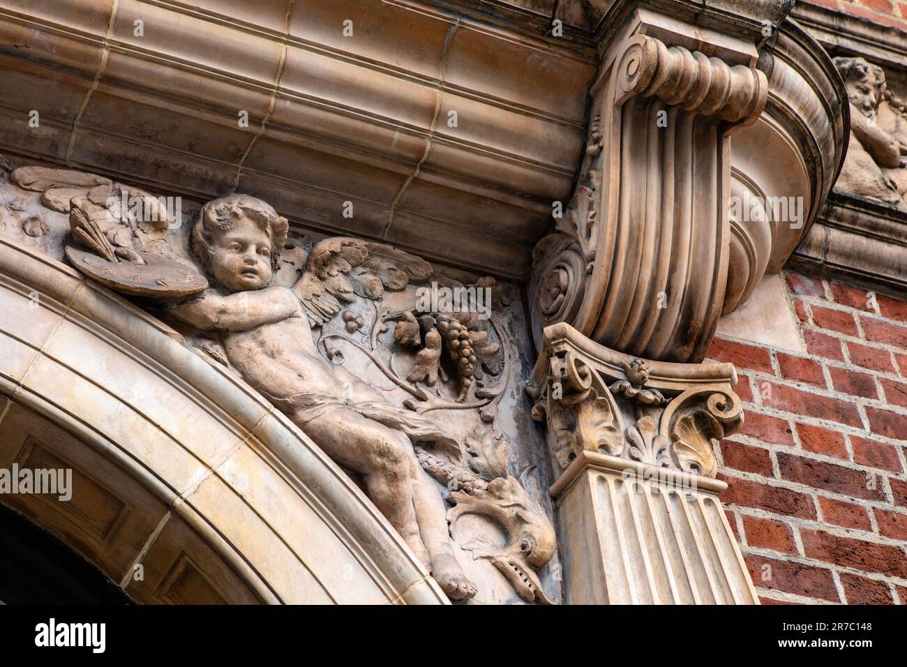 London, UK - March 2nd 2023: The ornate stone sculpture above the entrance sign to the Whitechapel Gallery in London, UK. Stock Photo